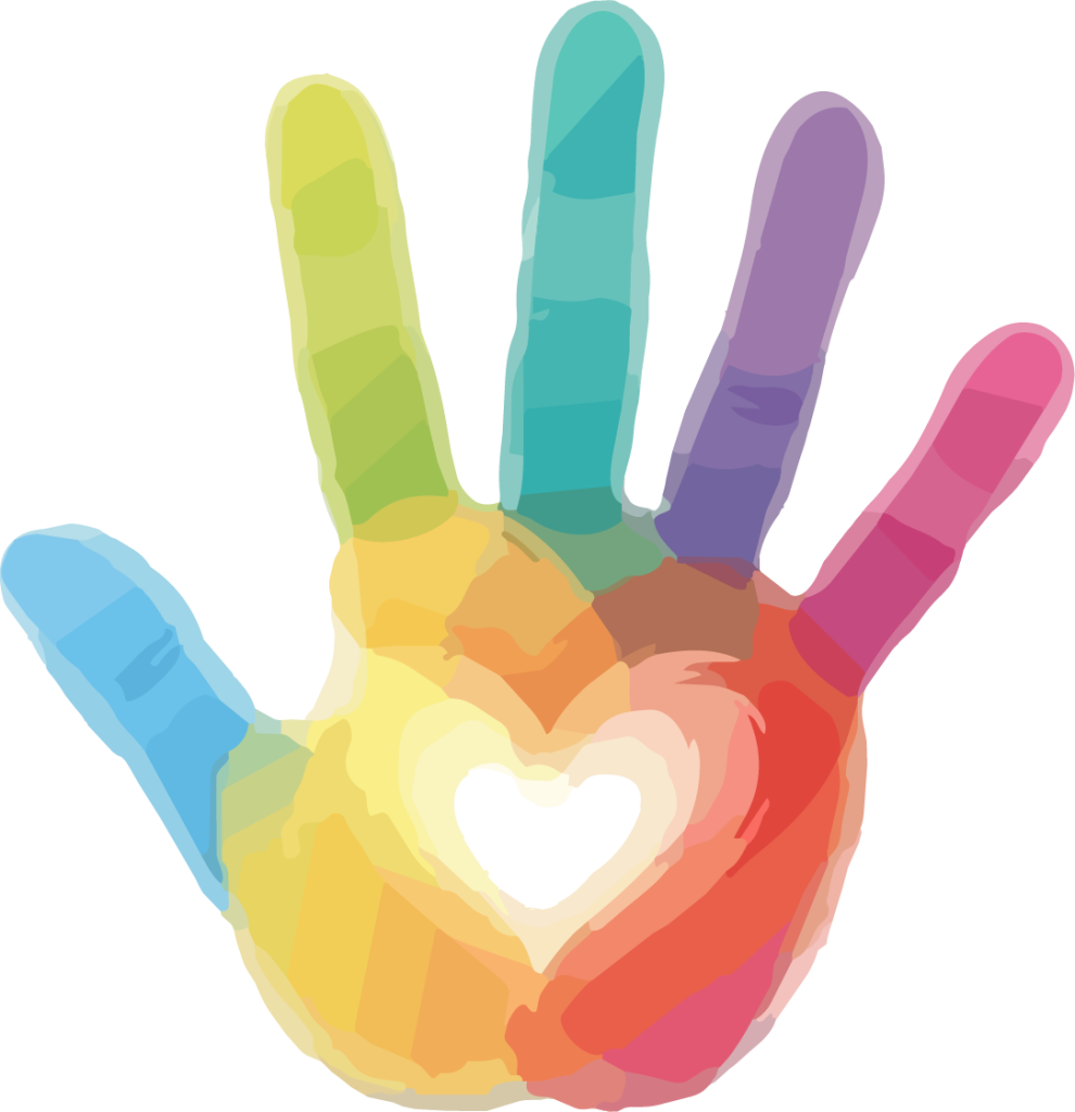 Websitelogo: Bunte Hand mit Herz in der Mitte